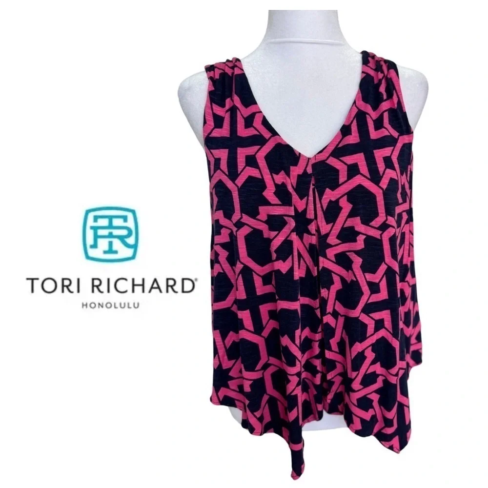 Tori Richard Honolulu Hawaii Pink Navy Sleeveless Small Stretch Shirt top Tank - Picture 2 of 9